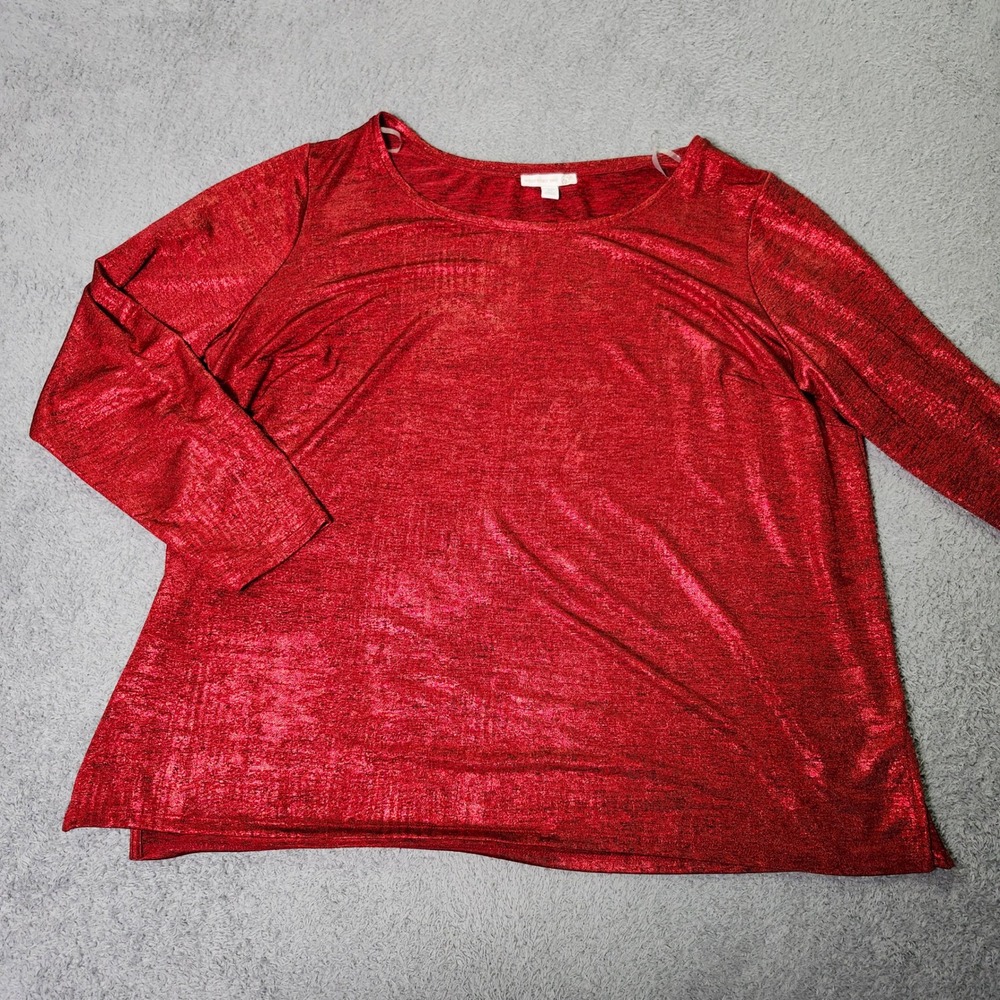 Westport 1962 Womens 2X Blouse Red Metallic Shimmer Long Sleeve Scoop Neck Top